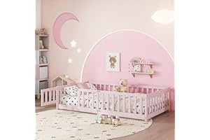 Mirightone Twin Size Floor Bed for Kids, Wood Montessori Floor Beds with Fence Railings, Door & Slats Support, Twin Playhouse Bed Frame for Boys Girls, No Box Spring Needed, Pink