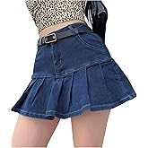Dqbeng Women's Pleated Denim Mini Skirt Casual A-Line Short Jean Skater Skirts with Pockets