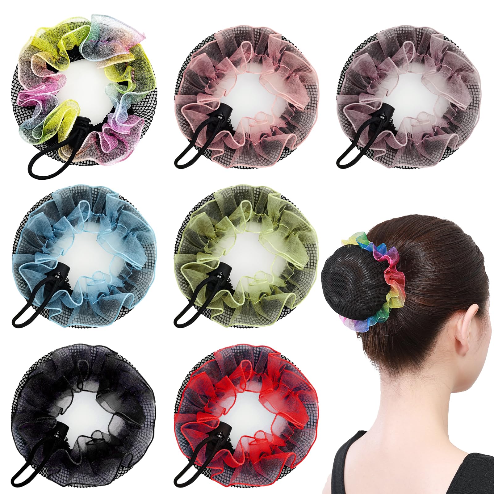 Photo 1 of 7 PACK Colored Hair Nets for Ballet Bun Cover, Invisible Elastic Hairnets Hair Accessories for Girls
