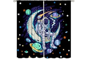 LLYLUMTY Astronaut Curtains for Kids Bedroom,Space Funny Cute Spaceman Sitting on The Moon Smoking,Galaxy Universe Stars Rod Pocket Window Drapes for Boys Girls Bedroom Living Room 21x45in,2 Panel Set