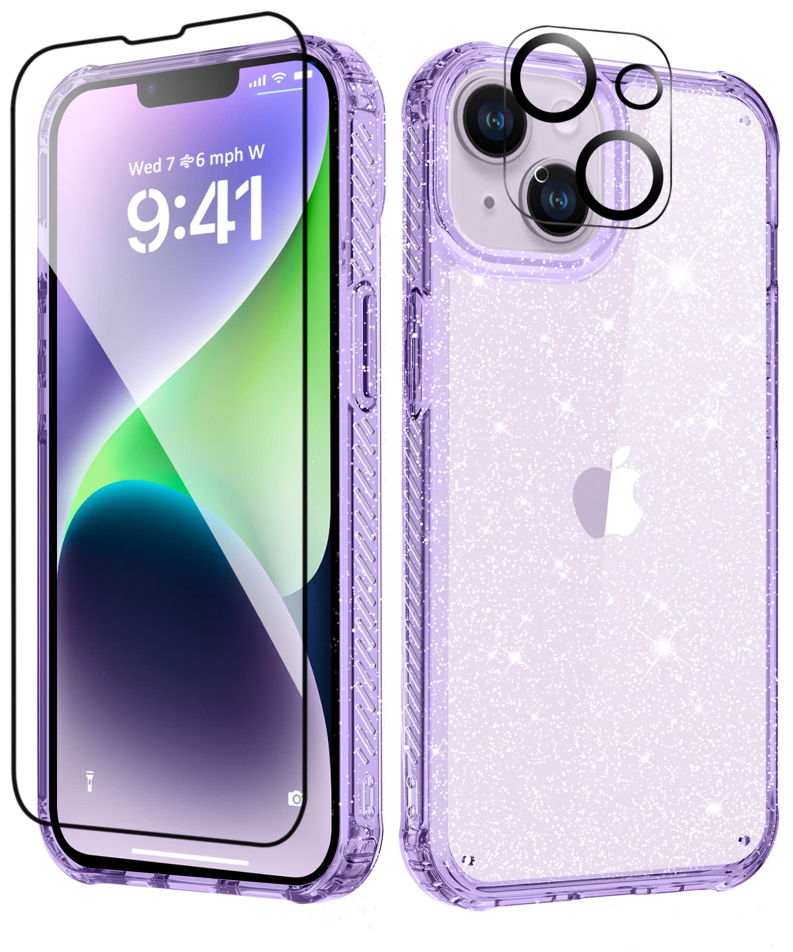 MIODIK Compatible with iPhone 14 Case with Screen Protector + Camera Lens Protector, [Non-Yellowing] Clear Glitter Phone Case - Sparkle Purple