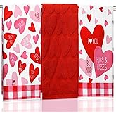 Moukeren 3 Pcs Valentine's Day Hand Towels 16" x 28" Red Pink Heart Decorative Bathroom Towels Valentine's Day Cotton Absorbent Gift Set for Kitchen Bathroom Gift Decor