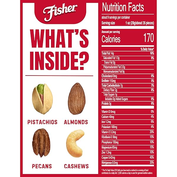 FISHER SNACK OVEN ROASTED NEVER FRIED, ALMONDS, CASHEWS, PECANS, PISTACHIOS, MADE WITH SEA SALT, DELUXE MIXED NUTS, 8.75 OZ