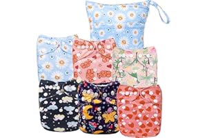 ALVABABY 6pcs Cloth Diaper Covers &1 Wet Dry Bag, Washable Reusable Cloth Diaper Shell for Prefold with Multi-Functional Bag, Flat or Fitted Nappy Inserts
