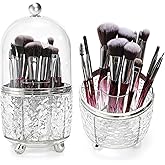 Eorbow Rotating Makeup Brush Holder, Dustproof Cosmetic Tools Organizer with Lid, 360° Spinning Covered Brushes Storage with Anti-slip Pads for Vanity, Bathroom Countertop & Bedside Table, Clear