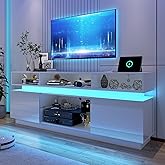 chartustriable LED TV Stand for 80 Inch TV, Modern Tall Entertainment Center with Power Outlets, High Gloss TV Stand, Gaming TV Media Console with Glass Shelf for Living Room, 71 Inch, White