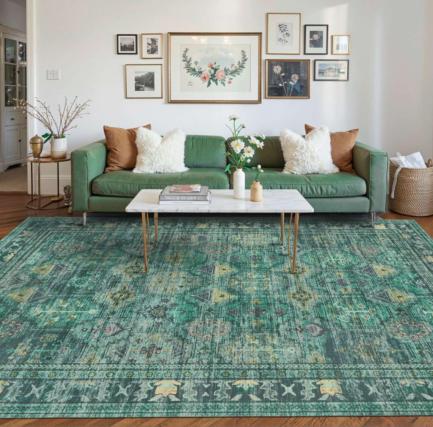 Rugxara 6x9 Area Rugs for Living Room Bedroom, Large Washable Christmas Rug, Green Vintage Retro Boho Rug, Non Slip & Low Pile Carpet for Indoor Dining Room, Classroom Dorm and Kids Room(Teal 6x9ft)