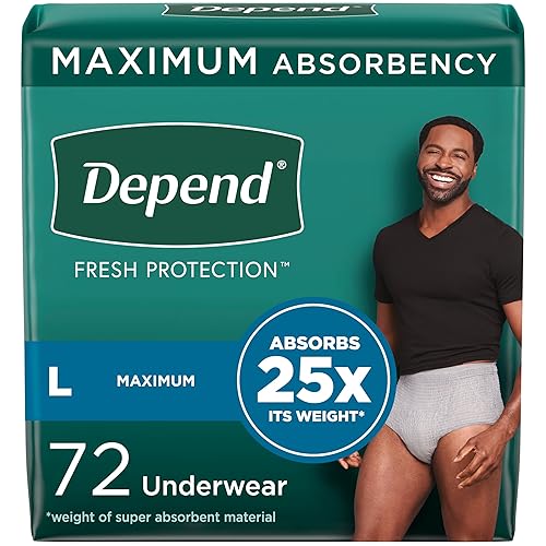 Depend Fresh Protection Adult Diapers, Incontinence Underwear for Men, Disposable, Maximum, Large, Grey, 72 Count (2 Packs of 36), Packaging May Vary