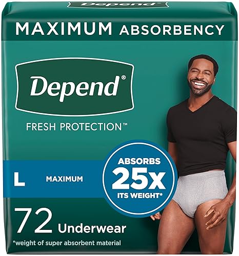 Sports & Outdoors - Depend Fresh Protection Adult Diapers, Incontinence Underwear for Men, Disposable, Maximum, Large, Grey, 72 Count (2 Packs of 36), Packaging May Vary