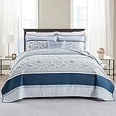 DDUOXIN Stripe Queen Size Quilt - 100% Cotton Soft Reversible Queen Quilt with 2 Pillow Shams, Floral Print Bedspread Lightweight Comforter Bedding Set, Navy/Light Blue/White