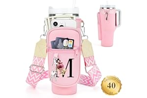 LOKASS Water Bottle Holder with Strap for Stanley Cup 40 oz Tumbler with Handle, Personalized Initial, Water Bottle Carrier Bag with Phone Pocket & Carabiner for Stanley Cup Accessories