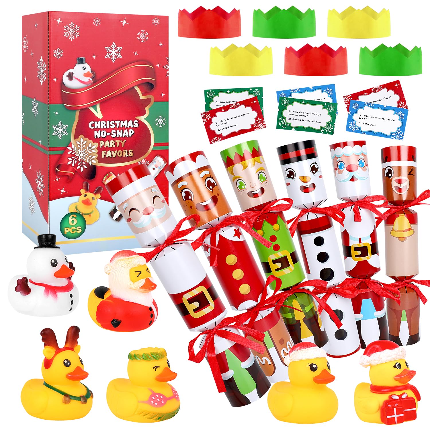 VEYLIN 6 Pack Christmas Crackers Christmas No-snap Crackers Christma Fun Family Cracker for Kids Party Table Favor with Xmas Ducks, Party Hat & Joke