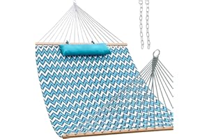 Lazy Daze Hammocks 12 FT Quilted Fabric Double Hammock with Spreader Bars and Detachable Pillow, 2 Person Hammock for Outdoor Patio Backyard Poolside, 450 LBS Weight Capacity, White & Blue Chevron