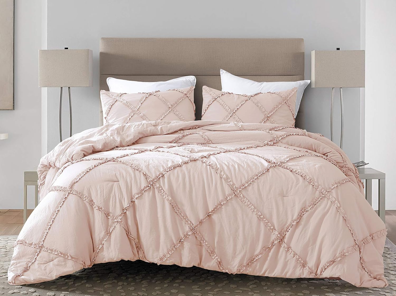 Chezmoi Collection Vivian 3-Piece Diamond Ruffle Quilted Trim Soft Washed Microfiber Comforter Set (King, Blush)