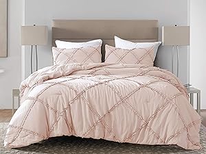 Chezmoi Collection Vivian 3-Piece Diamond Ruffle Quilted Trim Soft Washed Microfiber Comforter Set (King, Blush)