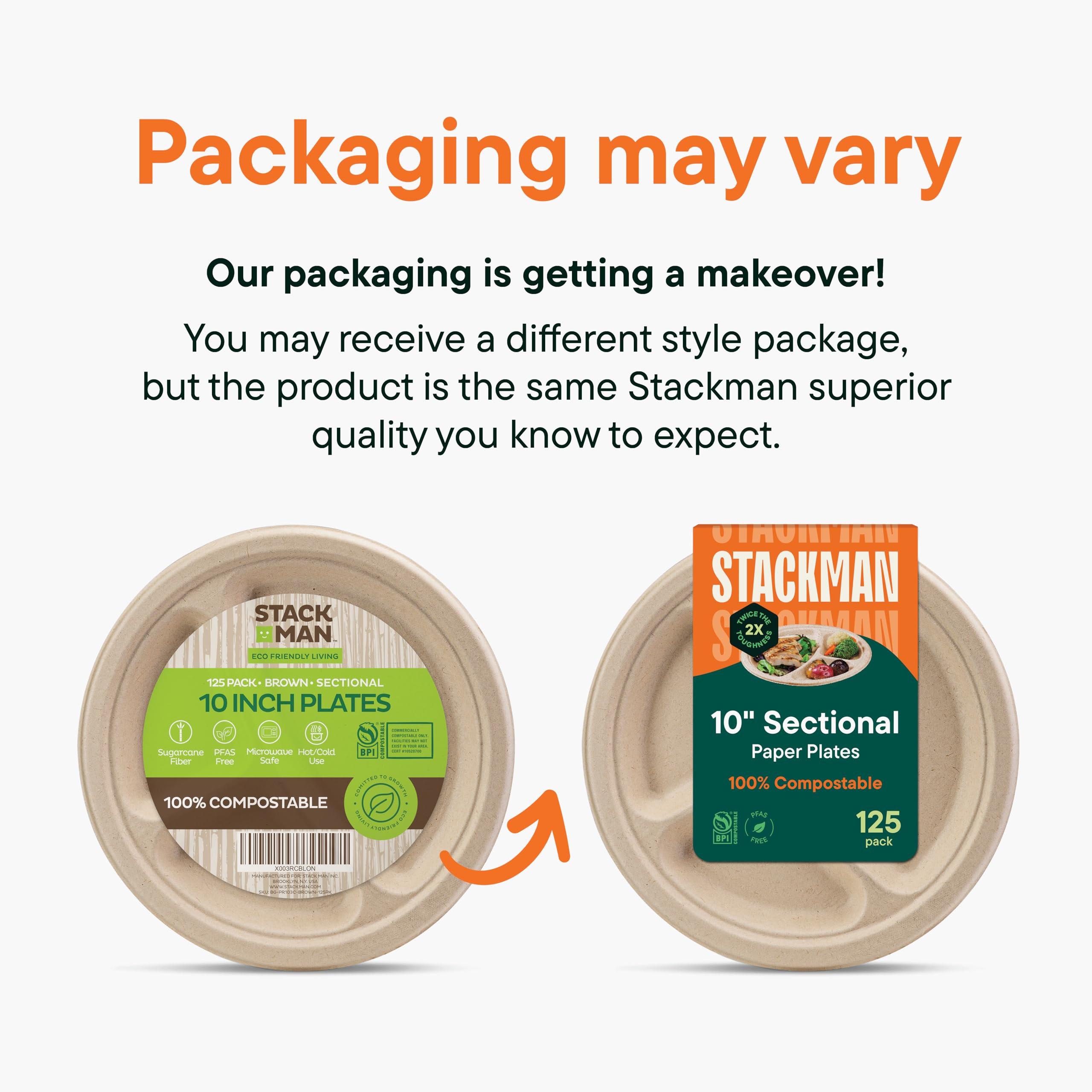 100% Compostable, 3 Compartment, Disposable Paper Plates [125-Pack] - {PFAS Free} - {BPA Certified} - [10 Inch] Heavy Duty Biodegradable Bagasse Sectional Lunch Trays + Dividers - Divided Platte Tray