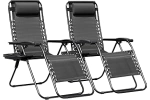 Greesum Zero Gravity Chairs Set of 2 Adjustable Steel Mesh Recliners Beach Deck Lawn Camping Patio Foldable Lounge Chair with Cup Holder Trays and Pillows,Dark Black