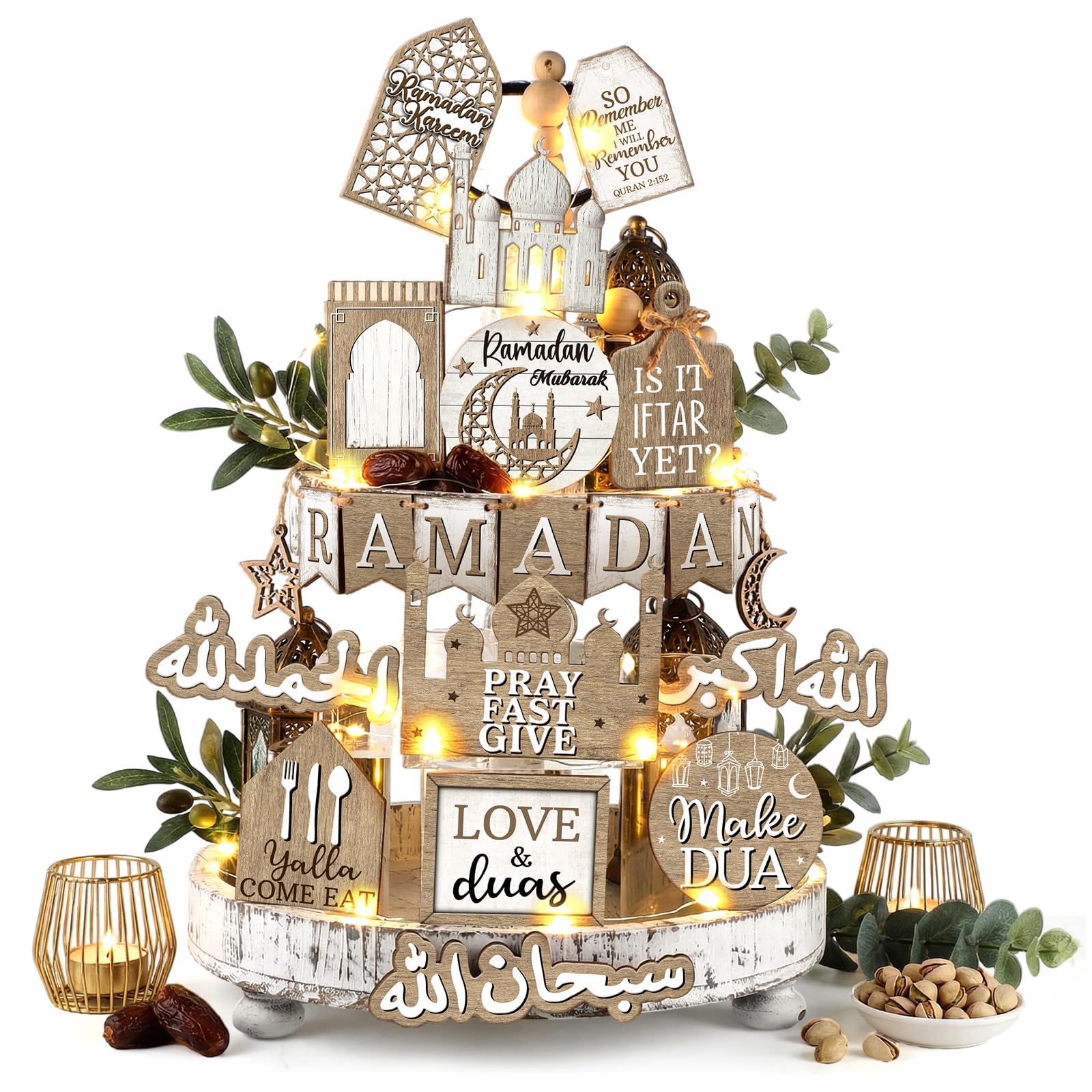 Photo 1 of Shellwei 20 Pcs Ramadan Tiered Tray Decor Ramadan Mubarak Table Decor Rustic Wooden Eid Mubarak Tabletop Signs for Home Black and Gold Muslim Islam Centerpiece for Islamic Gifts Kareem Home Table
