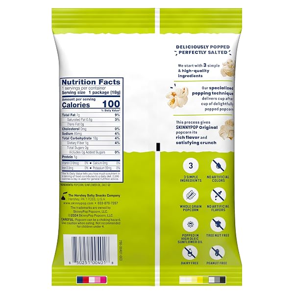 SKINNYPOP POPCORN, ORIGINAL, WHOLE GRAIN, DAIRY-FREE SNACK, 0.65OZ BAGS (30CT)