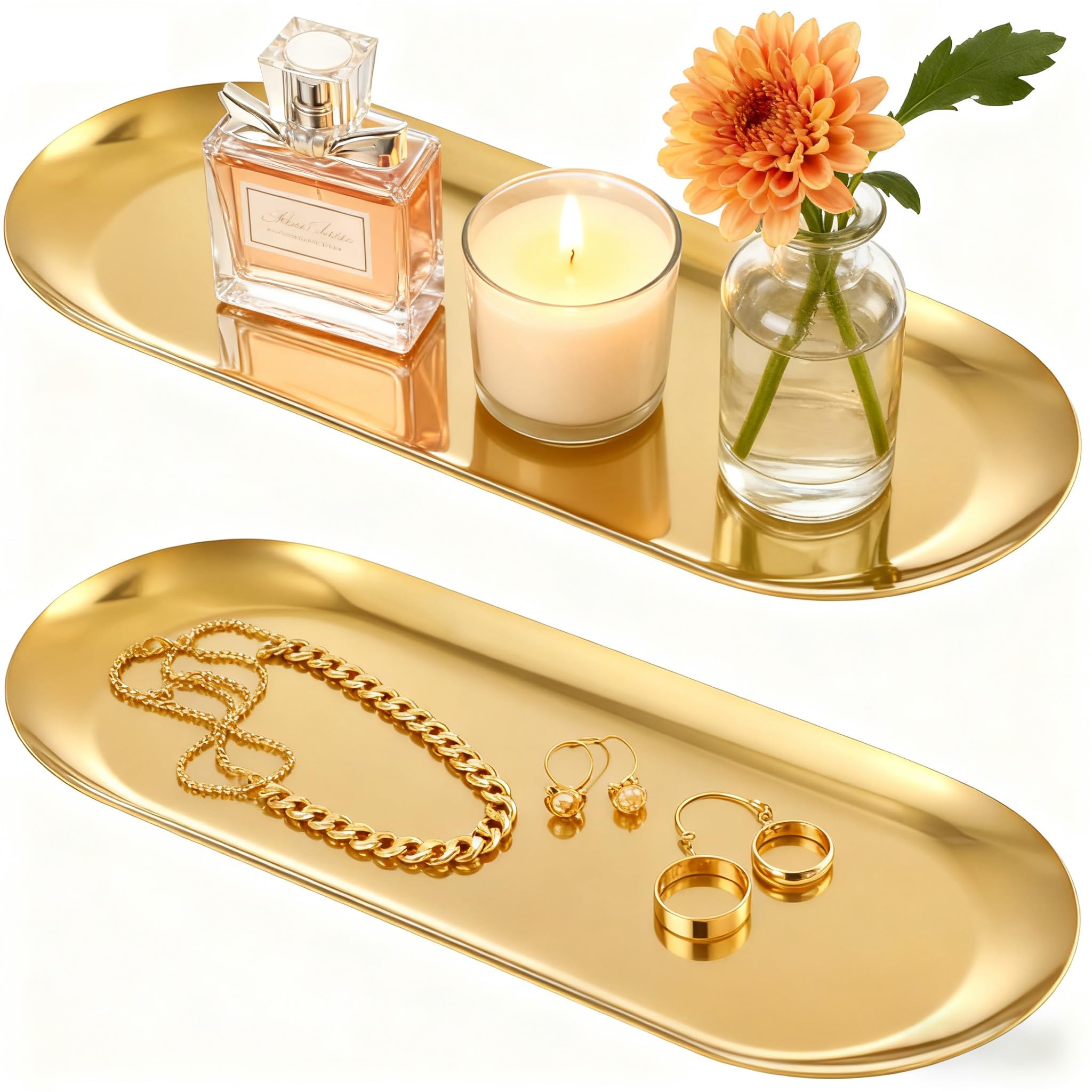 Photo 1 of 2PACK Gold Decorative Tray, Bathroom Vanity Tray for Dresser Counter, Stainless Steel Jewelry Dish Tray for Decor, Perfume Ring Key Candle Organizer Tray, Oval