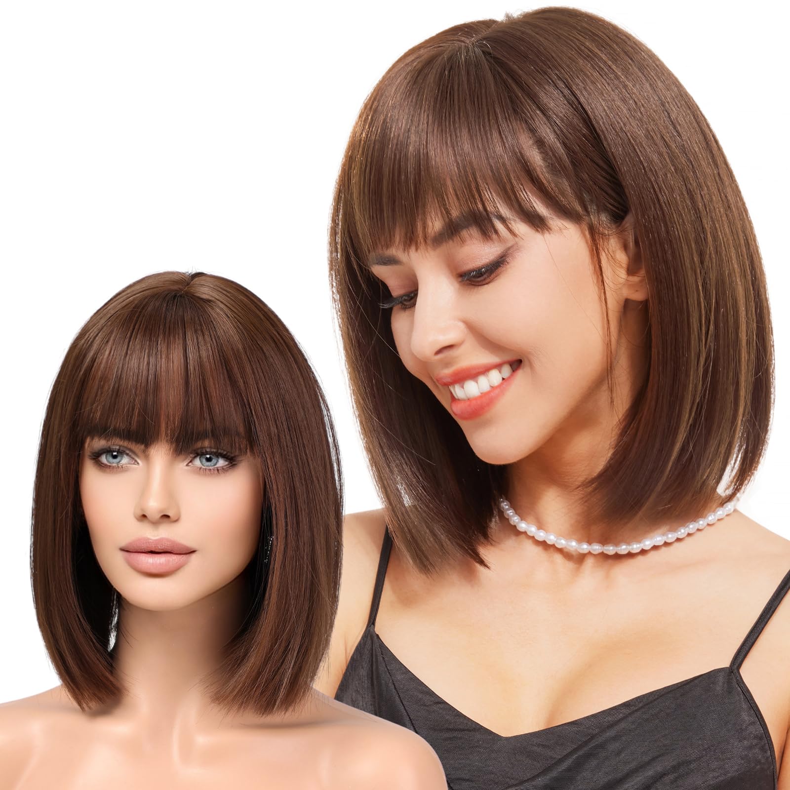 WOKESTAR Brown Bob Wigs for Women Synthetic Wig with Fringe — image 1