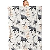 MIEPOS French Bulldog Throw Blanket, 50x60in, Soft, Lightweight Flannel, Cute Cartoon Frenchie Dog Pattern in Tan, Black White Blankets, Gifts for Kids, for Easter Home Living Room Decor