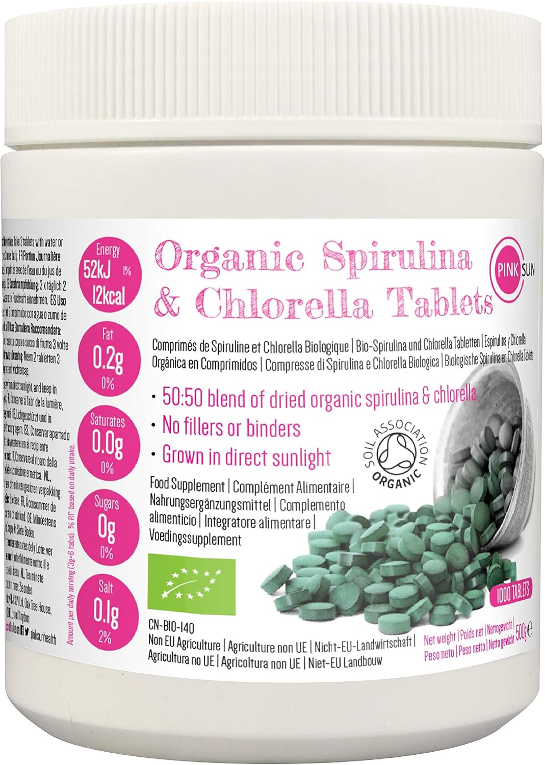 PINK SUN Organic Spirulina and Chlorella Tablets 500mg x 1000 Combined Tabs 50:50 Blend Gluten Free Non GMO Vegetarian Vegan Certified by The Soil Association Bulk Buy 500g