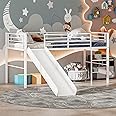 Giantex Twin Loft Bed with Slide, Metal Low Bunk Bed w/Safety Guardrails & Built-in Ladder, Toddler Bed Floor Frame for Boys & Girls, No Box Spring Needed (White)