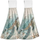 Boccsty Sea Turtle Starfish Fingertip Bath Towels 2 Pcs Tortoise Map Ocean Animal Hanging Hand Bath Towel Tea Bar Towels for Bathroom Farmhouse Tabletop Home Decor