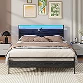 BOFENG Queen Bed Frame,Queen Size Metal Platform Bed Frame with Storage & LED Light Headboard and USB Charging Station,No Box Spring Needed,Heavy Duty Metal Slats,Noise Free,Black