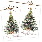 Merry Christmas Gift Labels with String, 2x3.5 Inches Christmas Tree Ball Gift Tags, 50PCS Xmas Presents Paper Hang Tags, Holiday Wrapping Party Favor Decoration Supplies(Red Bow)-A07