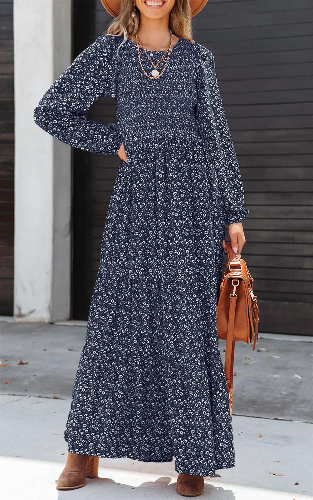 PRETTYGARDEN Women's Fall Dresses 2025 Long Sleeve Flowy Casual Floral Maxi Dress Crew Neck Smocked Tiered Long Dress