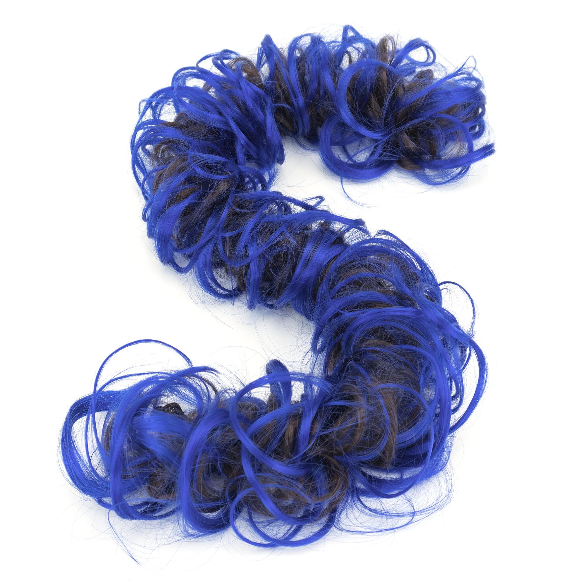 IMISSU Large Size Hairpiece Curly Messy Hair Bun Wrap Scrunchies Elastic Hair Band Donut Updo Chignon Hair Extension Piece for Women Girl (Brown Blue)