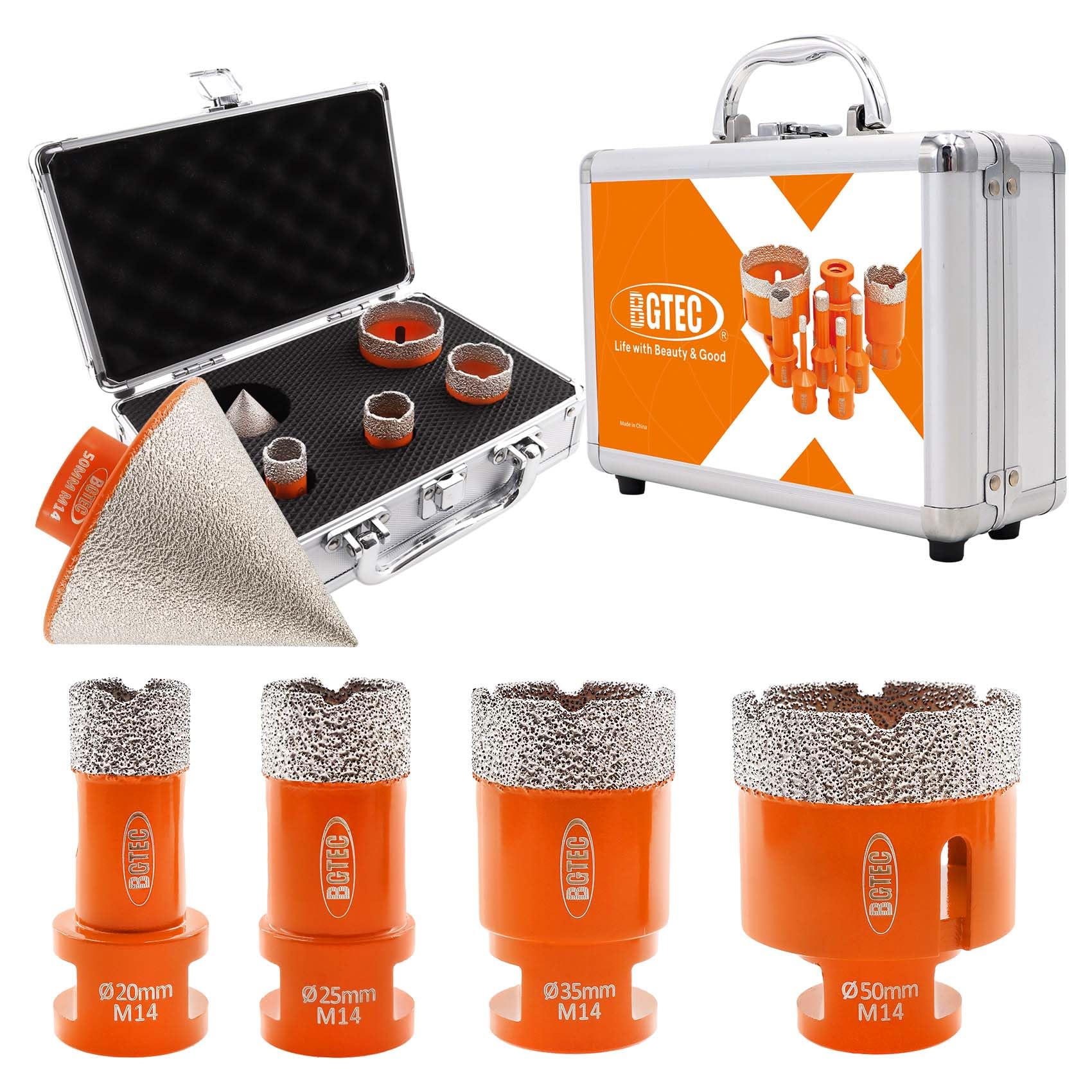 BGTEC Diamond Core Drill Bits Set - 6pcs(20/25/35/50mm Hole Saw Drill+50mm Chamfer Bit+Hex Shank Adapter) with M14 Thread for Porcelain Ceramic Tile Granite Marble Masonry Granite Stone