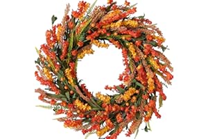EGOLOT 22 Inch Fall Flower Wreath for Front Door, Autumn Yellow Orange Forsythia Flower Indoor Outdoor Wreath with Berries Foam Leaves