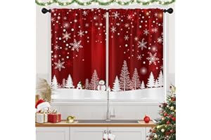 Tayney Christmas Kitchen Curtains Red Window Short Tier Curtains Over Sink Set of 2, Winter Snow Snowman Xmas Tree Kitchen Decor 26" x 36"
