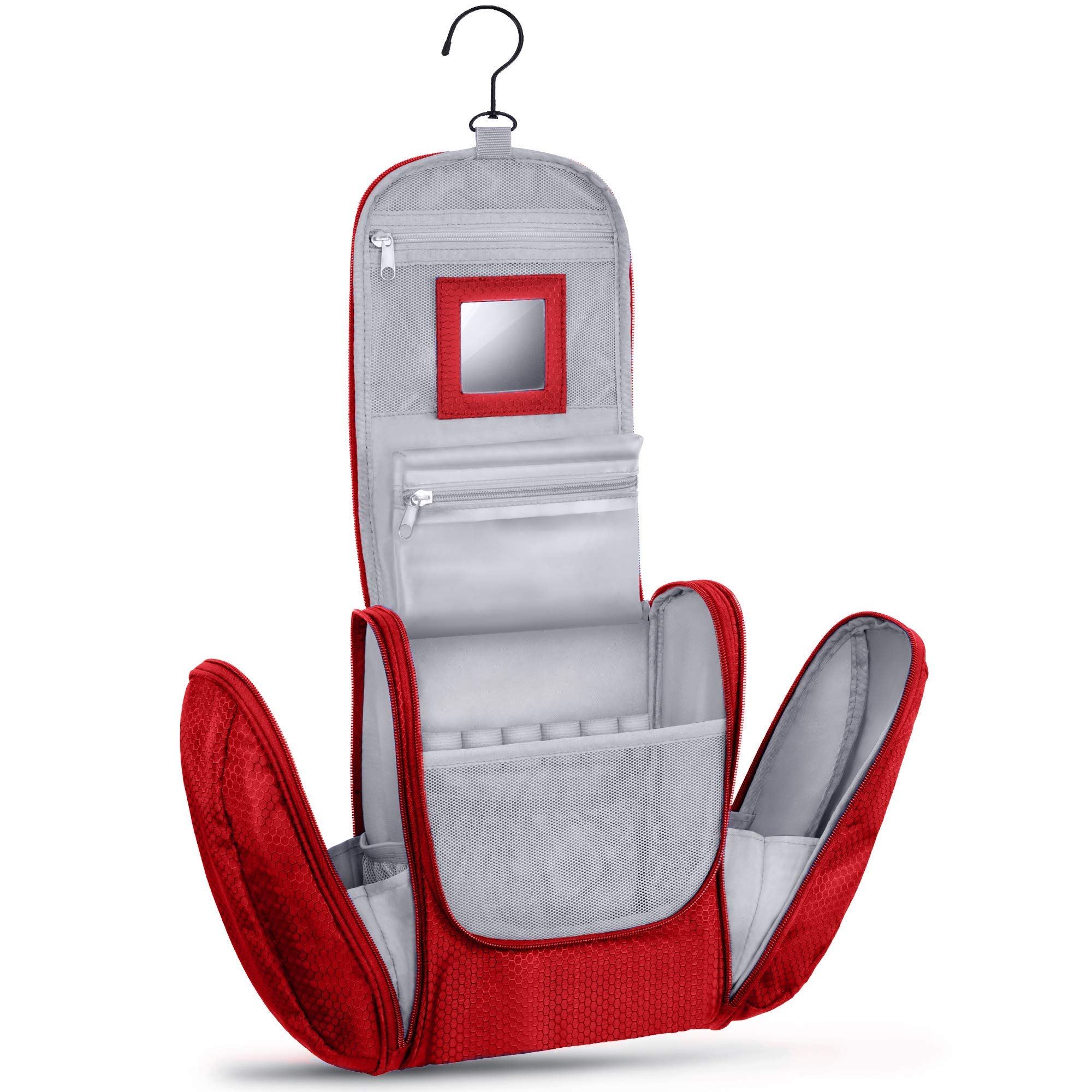 KRONIFY Premium Large Hanging Toiletry Bag with Mirror | Makeup Bag for Men and Women | Beauty Bag for Women | Spacious Wash Bag with Hook, Red L, XXL, Wash Bag with Mirror and Removable Compartment