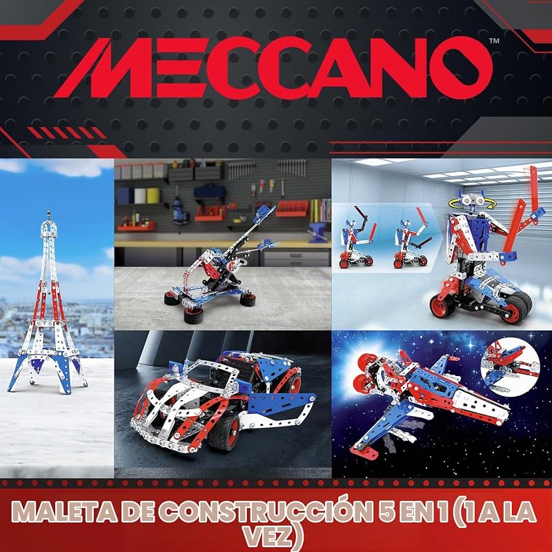 Meccano Maletín de construcción - Estuche de construcción 5 en 1 Vehículos, Robot, Torre Eiffel - 437 piezas, herramientas, instrucciones - Kit Actividad Montaje - Juguete infantil de 10 años y