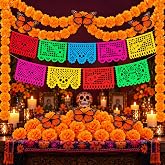47 Pcs Day of The Dead Decorations Dia De Los Muertos Decor, Orange | Artificial Marigold Flower Garland Monarch Butterfly Papel Picado Banner for Altar Mexican Party Indian Diwali Festival