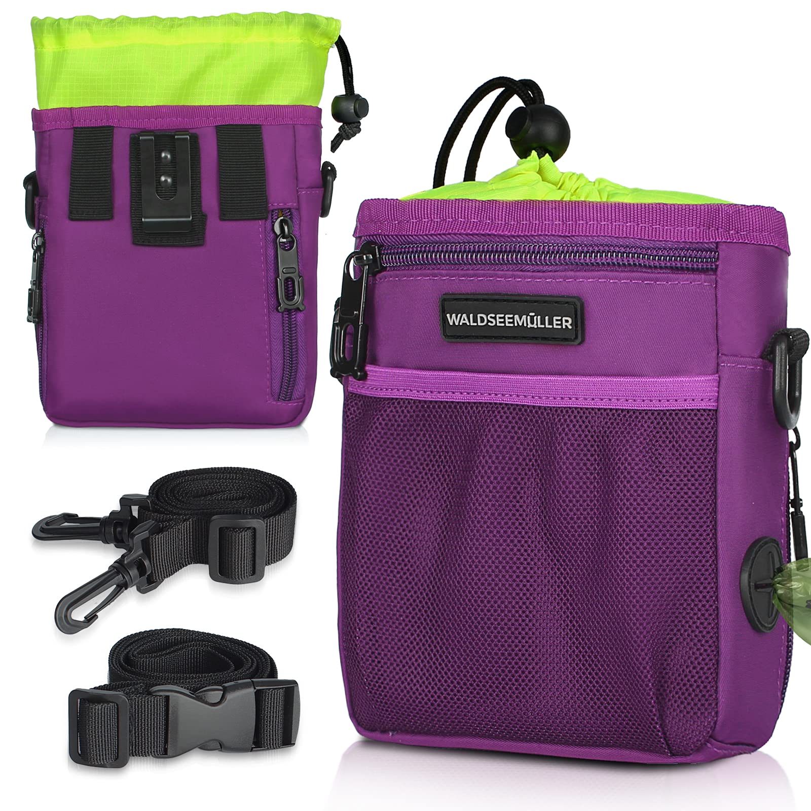 Purple Dog Treat Pouch - Walking Bag with Multiple Pockets, Built-In Poop Bags Dispenser, Adjustable Belt 3 Ways to Wear