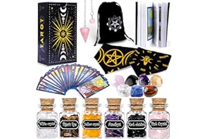 YixangDD Tarot Cards with Guide Book 18 Pcs Include 1 Deck of 78 Cards, 6 Mini Crystal Jars, 7 Chakra Stones,1 Spirit Pendulum, 1 Cloth, 1Goddess of Earth Pendulum mat, 1 Velvet Bag