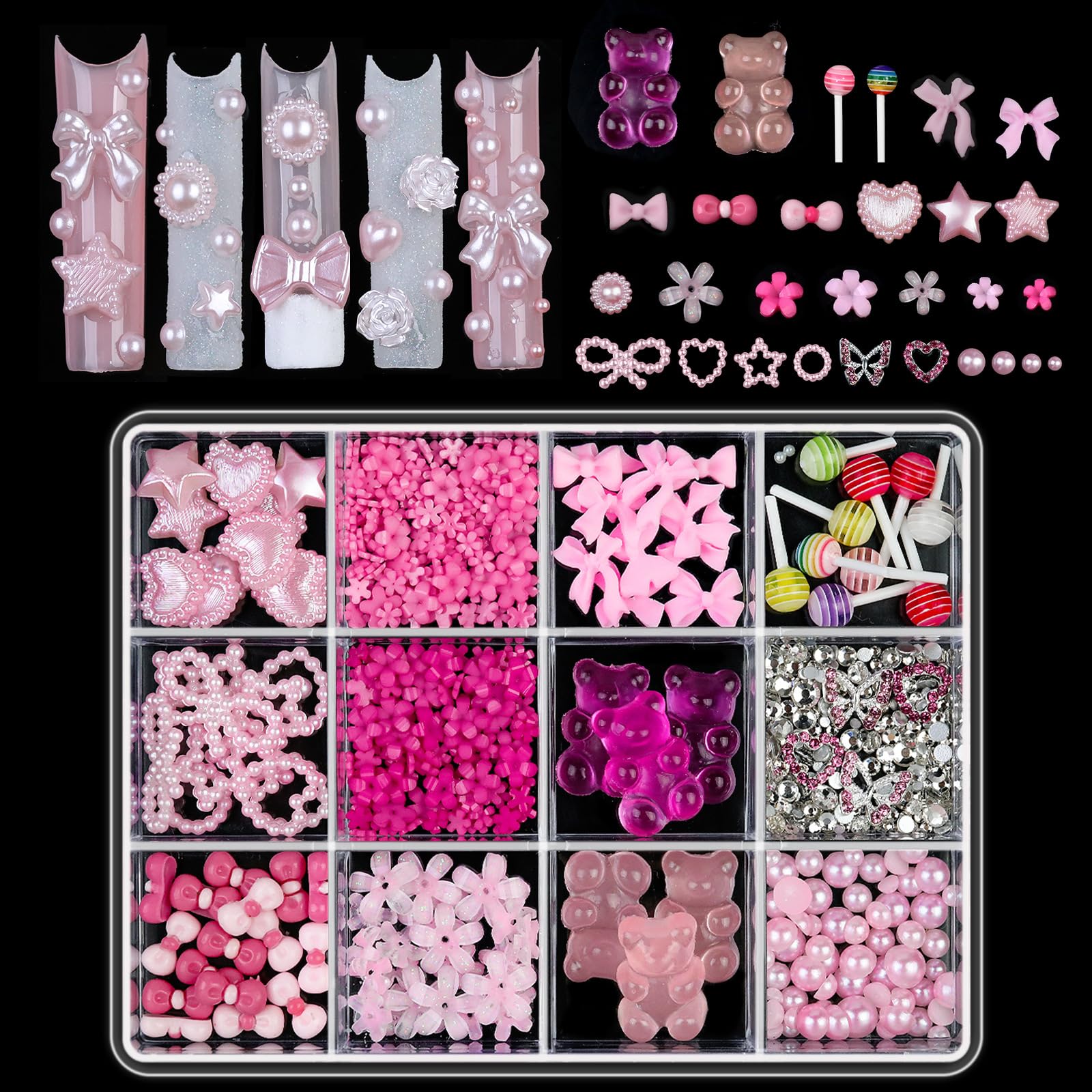 3D Nail Charms and Gems Set - Chunky Flowers Bows Charms for Nails - Cute Cartoon Gummy Bear Lollipop Nail Charms Y2k - Mix Assorted Color Nail Gems Rhinestone Charms for Nail Art DIY Design
