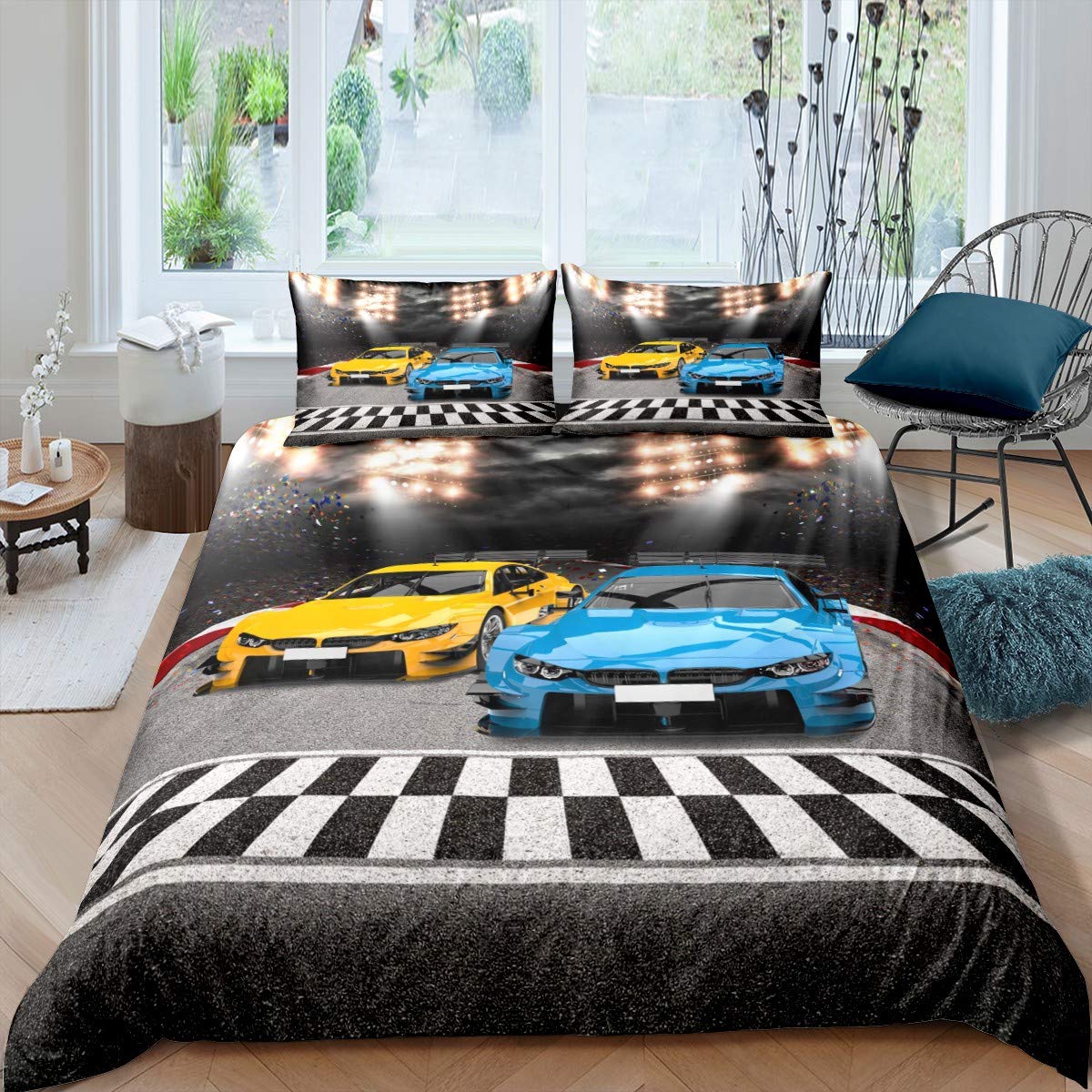 Sports Car Bedding Set Extreme Sports Decor Duvet Cover Set for Kids Boys Yellow Blue Race Car Comforter Cover Set Cool Speed Competitive Racing Car Quilt Cover Room Decor 3Pcs Double,Zipper — image 1