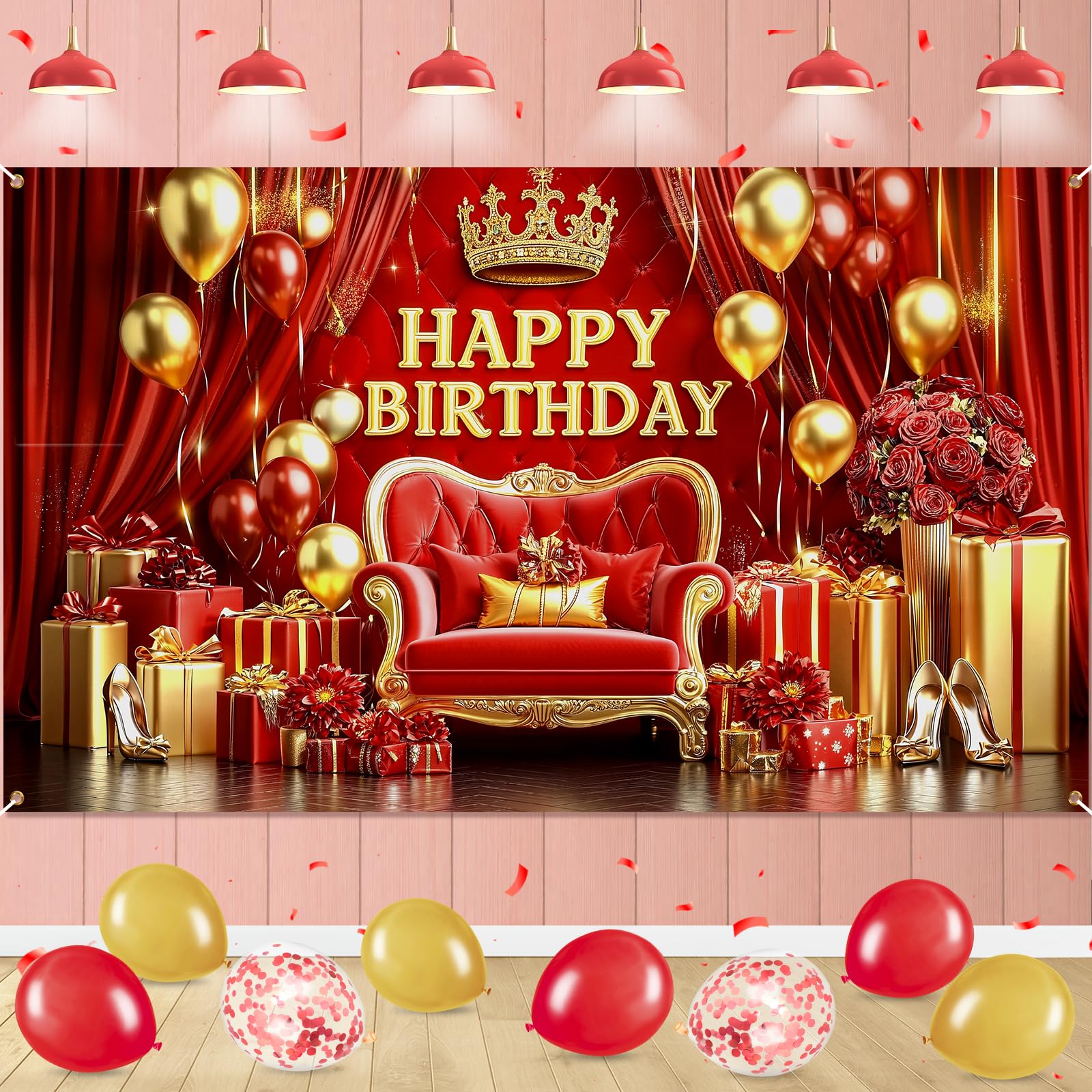 Photo 1 of ?Red Happy Birthday Banner Decorations Red Gold Happy Birthday Backdrop Banner Photo Background for Women Girls Indoor Outdoor Birthday Party Decoration 70.8 x 43 Inch