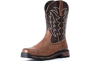 ANGRYRAM Cowboy Work Boots for Men Waterproof Square Toe Leather Western Boots Puncture Resistant Indestructable Steel Toe Safety Boots for Men