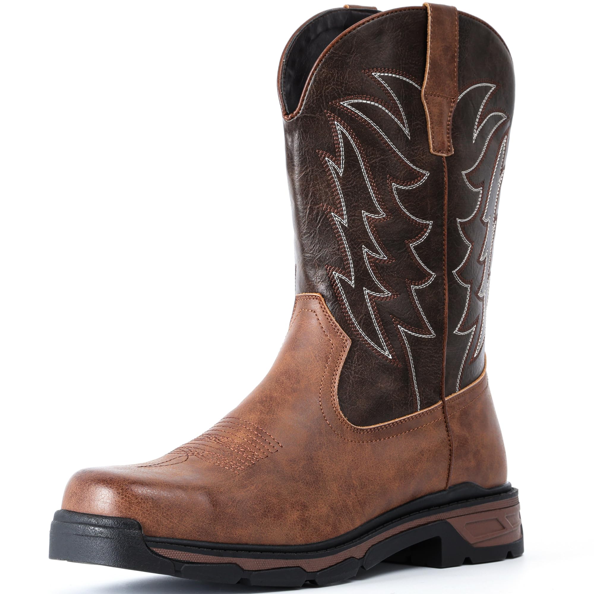 Photo 1 of 13.    ANGRYRAM Cowboy Work Boots for Men Square Toe Leather Western Boot Slip Resistant Indestructable Steel Toe Safety Boots for Men Work-Man Pro Series