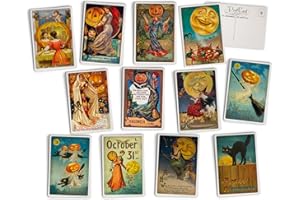 Hill Valley Greetings Antique Halloween Post Cards - 24 Vintage Halloween Postcards - 12 Assorted Retro Spooky Illustration Cards Printed on Vintage Textured Style Cardstock