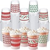 Qinyoung 100 Pcs Christmas Plastic Cups 12 oz Disposable Christmas Cup Red and Green Sweater Xmas Trees Snowflake Design Clear Plastic Tumblers for Drinking Cold Beverage Holiday Winter Party Supplies