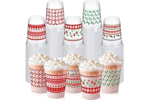 Qinyoung 100 Pcs Christmas Plastic Cups 12 oz Disposable Christmas Cup Red and Green Sweater Xmas Trees Snowflake Design Clear Plastic Tumblers for Drinking Cold Beverage Holiday Winter Party Supplies