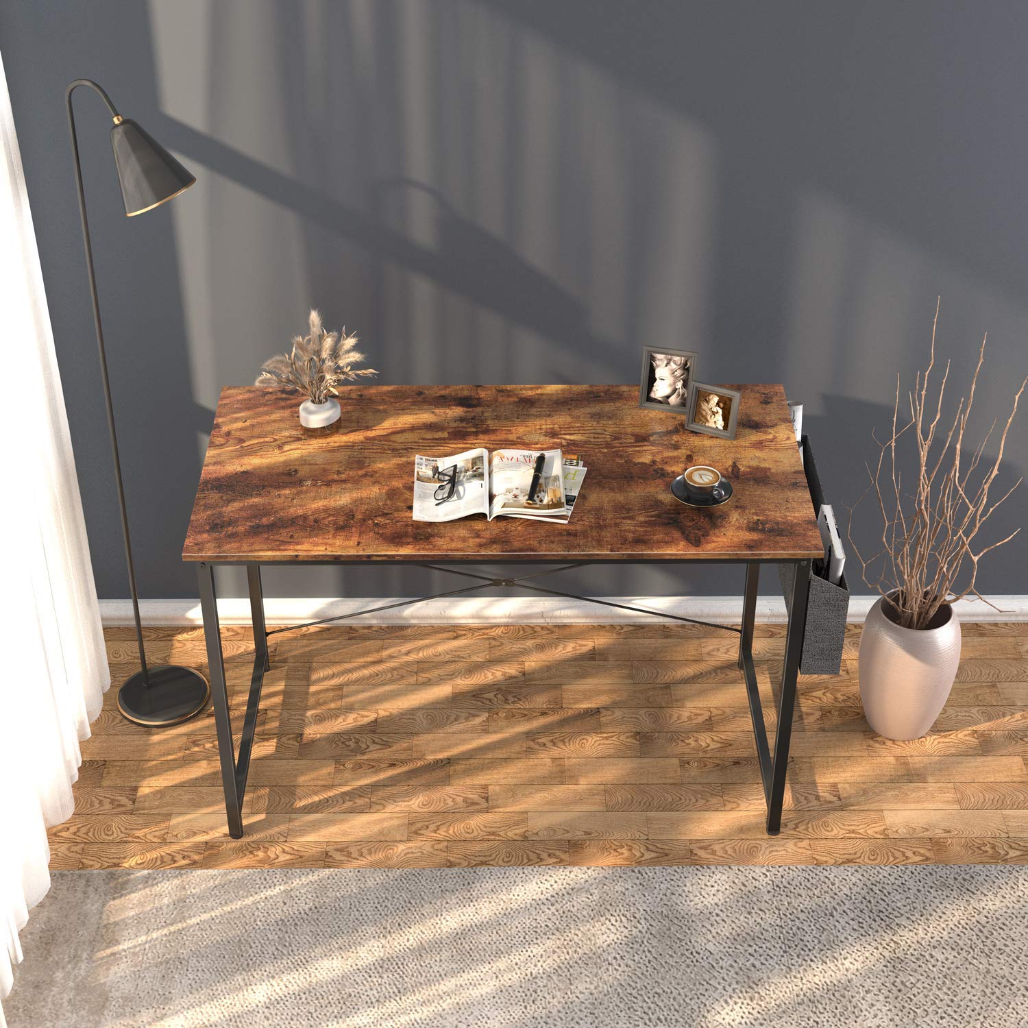 Cubiker Computer Desk 55 inch Home Office Writing Study Desk, Modern Simple Style Laptop Table with Storage Bag, Brown